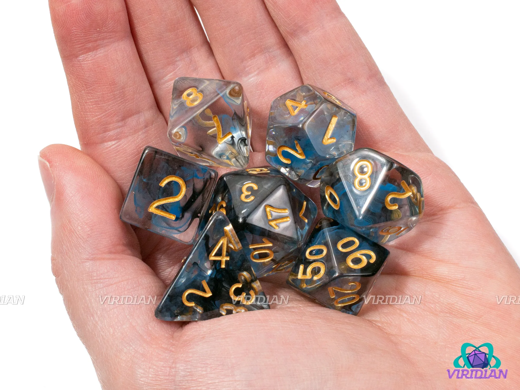 Foresight | Blue & Black Nebula Swirled, Clear, Gold Ink | Resin Dice Set (7)