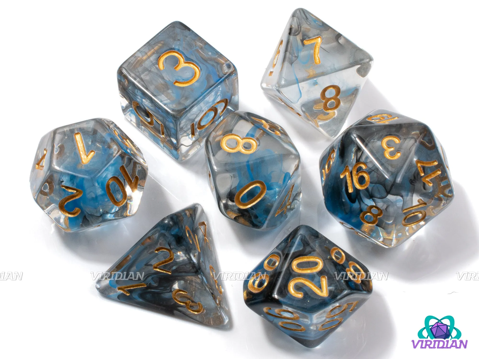 Foresight | Blue & Black Nebula Swirled, Clear, Gold Ink | Resin Dice Set (7)