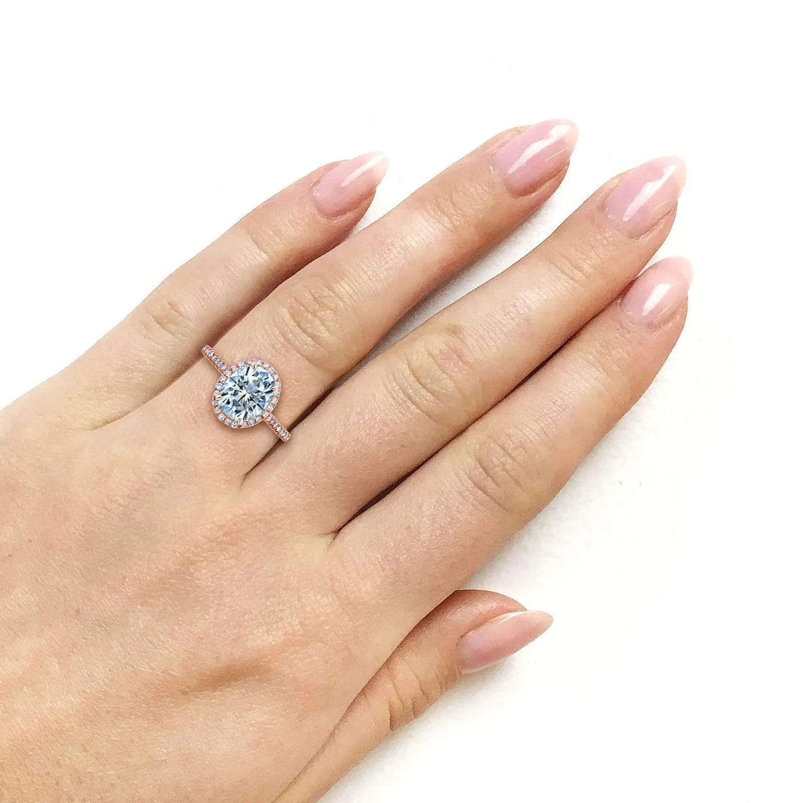 Forever One Oval Moissanite and Diamond Halo Engagement Ring 2 1/4 CTW 14k Rose Gold (DEF/VS, GH/I)