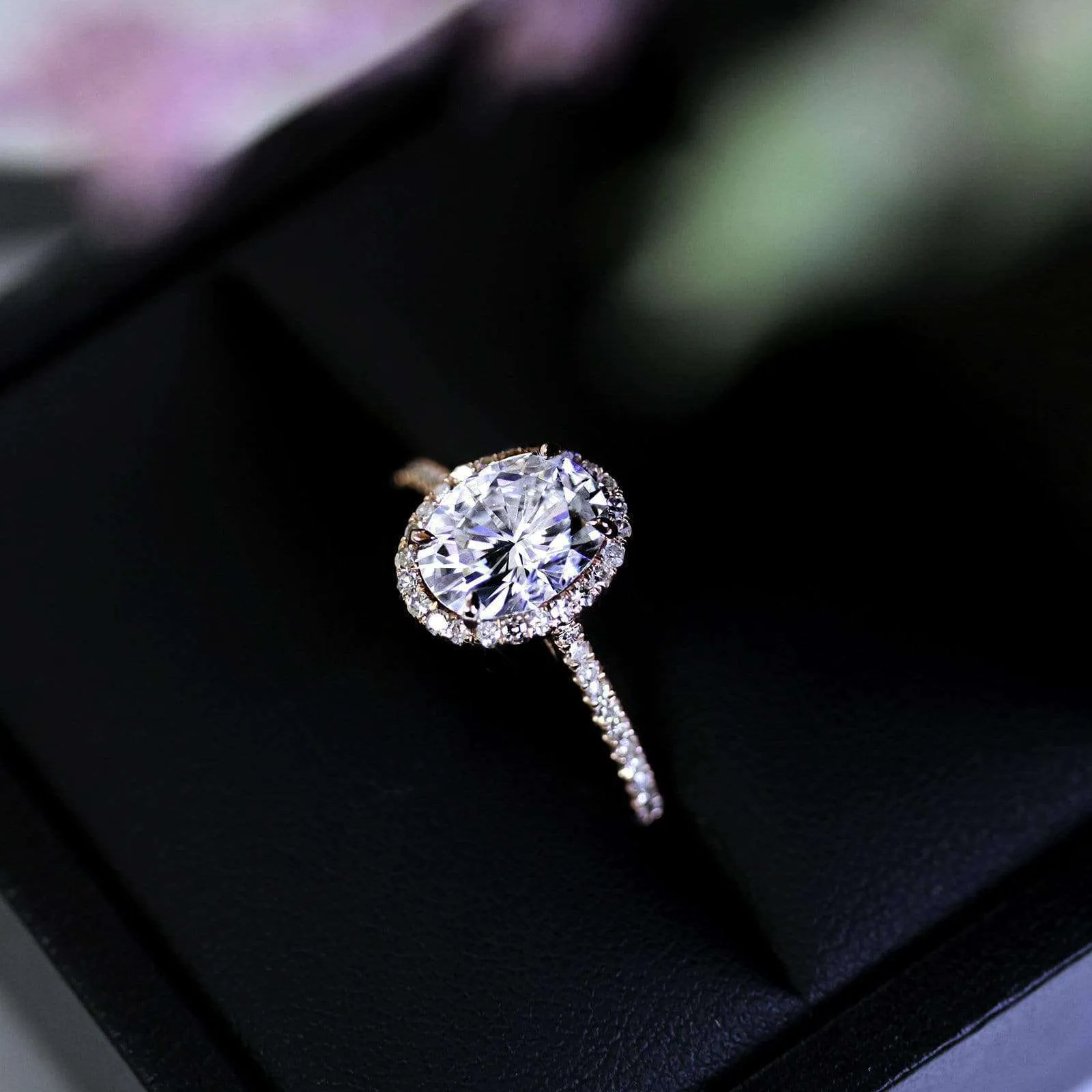 Forever One Oval Moissanite and Diamond Halo Engagement Ring 2 1/4 CTW 14k Rose Gold (DEF/VS, GH/I)