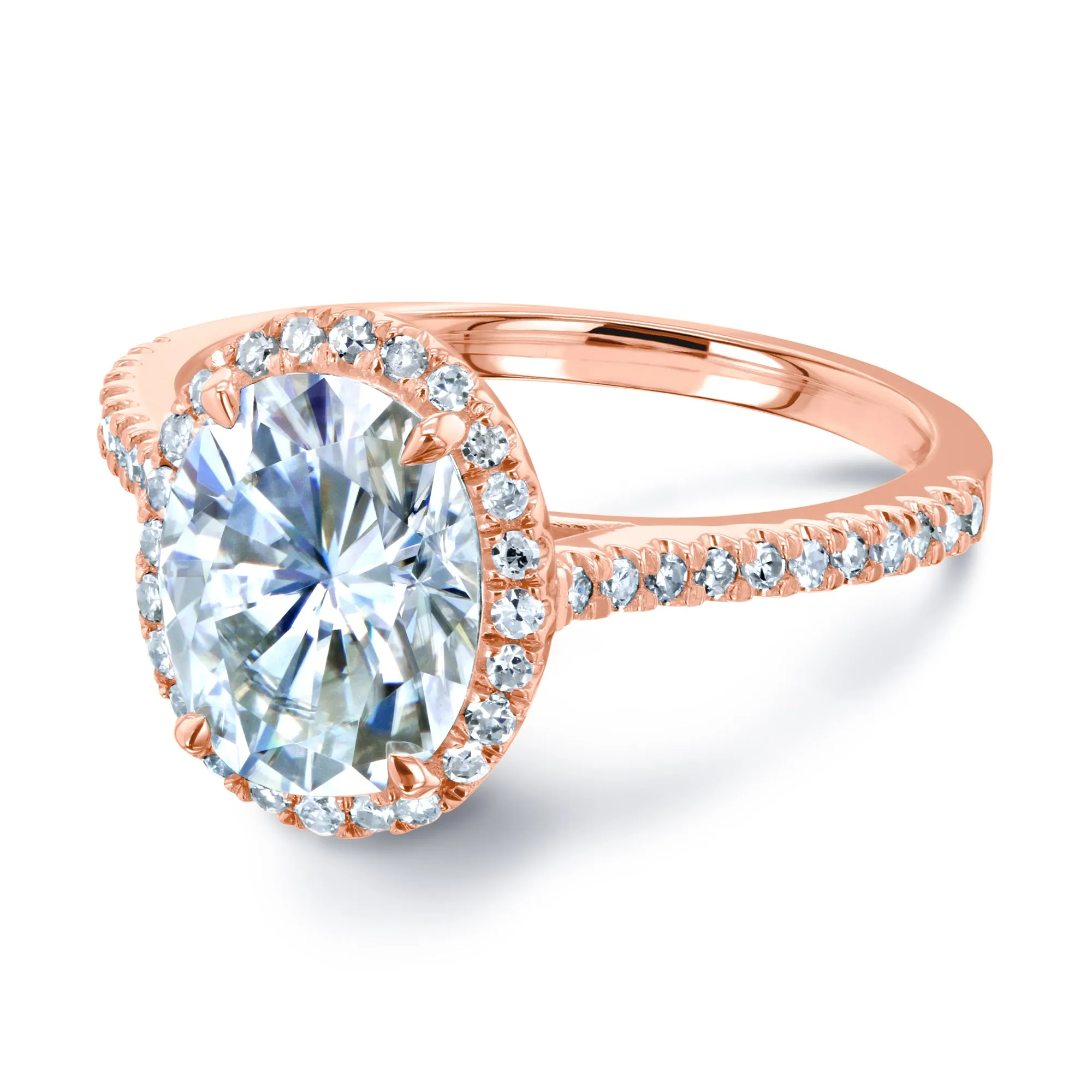 Forever One Oval Moissanite and Diamond Halo Engagement Ring 2 1/4 CTW 14k Rose Gold (DEF/VS, GH/I)