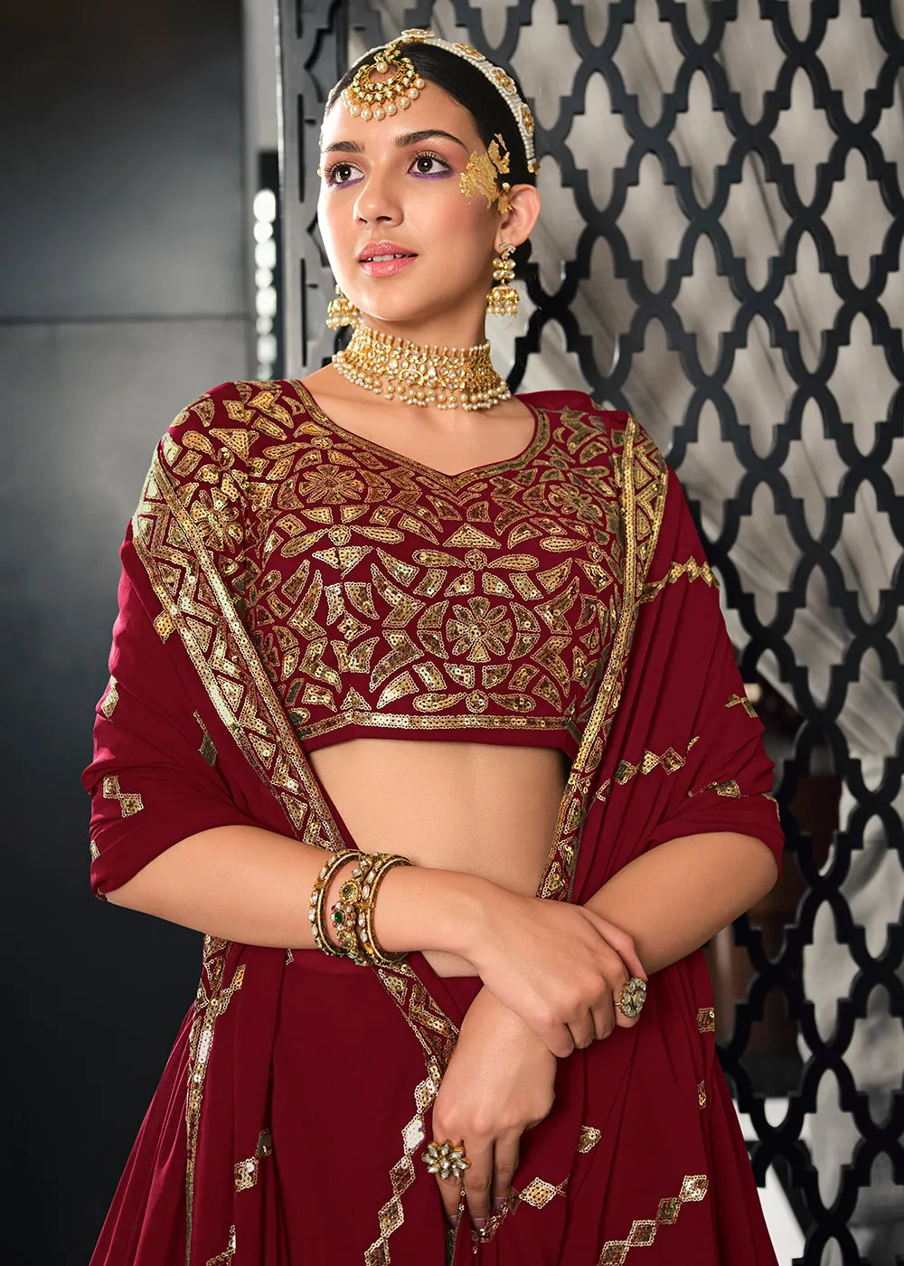 Georgette Fabric Creative Maroon Bridesmaid Lehenga Choli