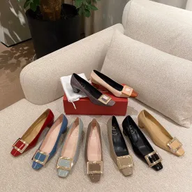 ikearlax RV Square Buckle Chunky Heel Pumps Female  Women's New Shoes for Spring Gray Patent Leather All-Matching High Heels Square Toe Low-Cut
