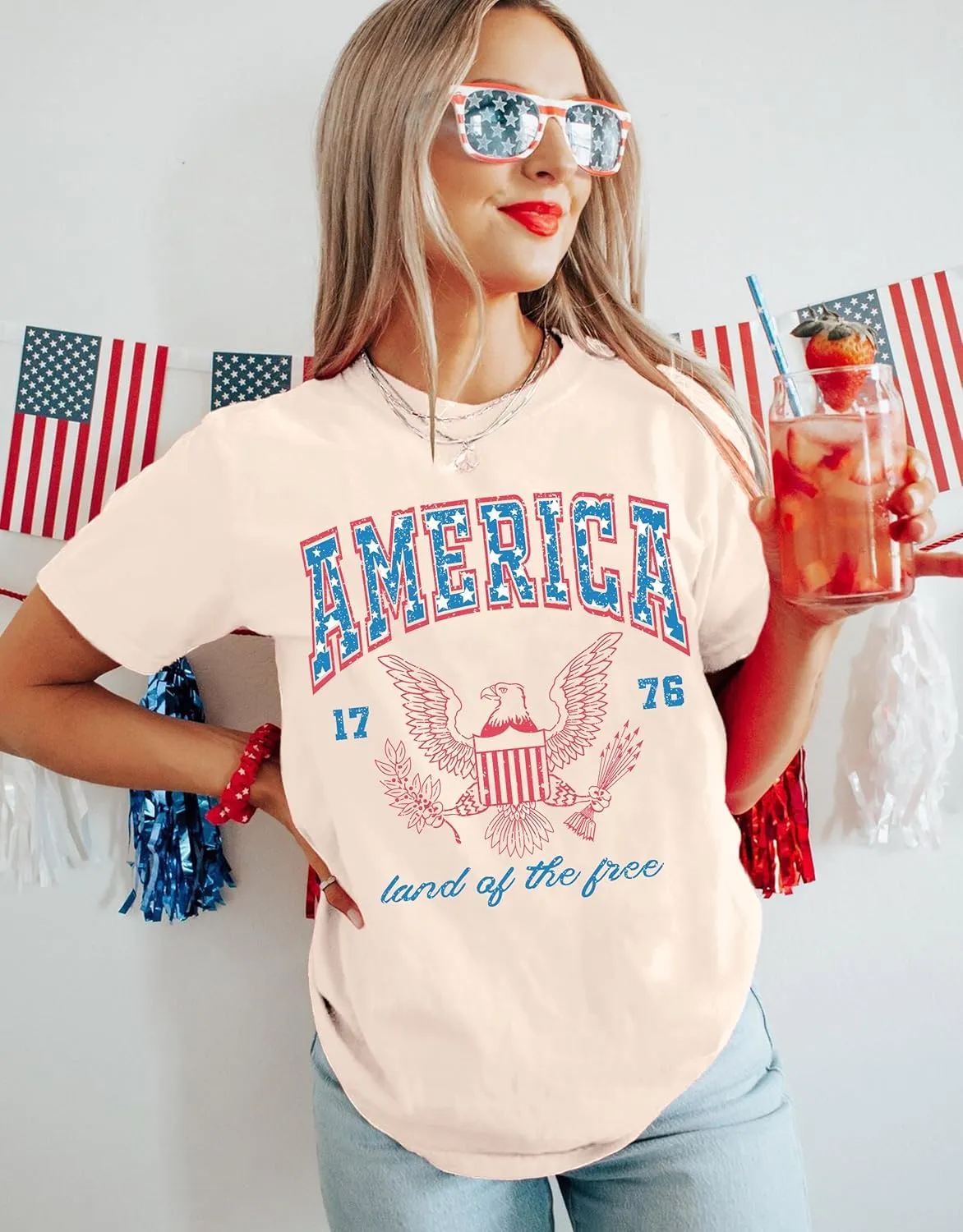 MAPICK Women 4th of July 1776 Graphic Oversized T-Shirts Shirt Short Sleeve Patriotic Casual Tee Tops