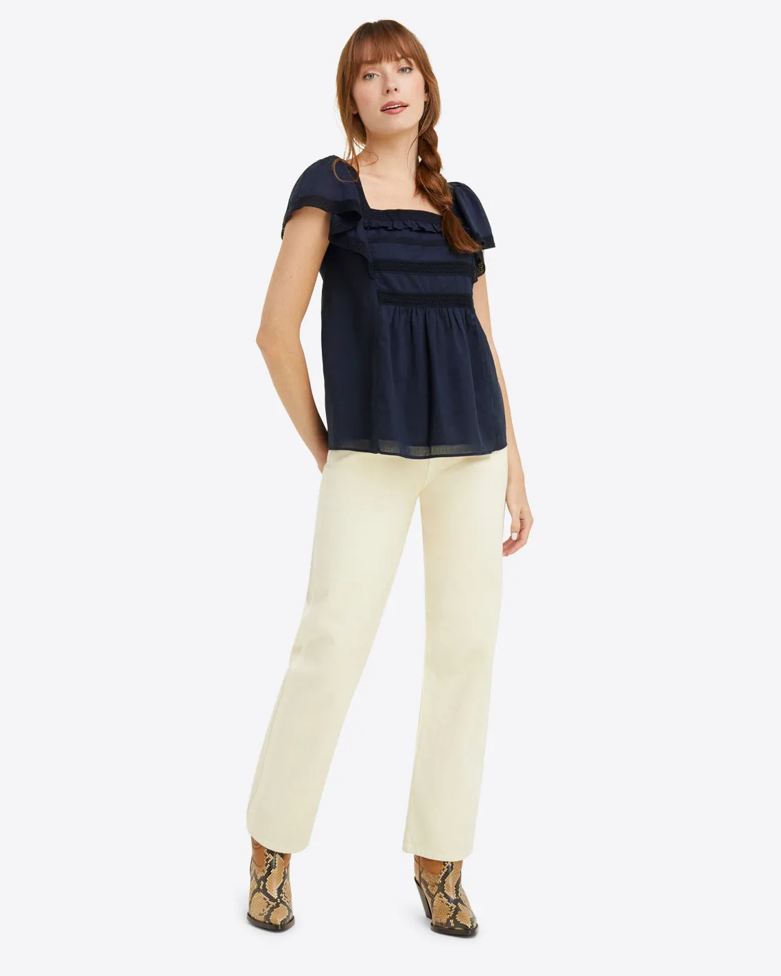 Maren Top in Navy Embroidered Stripe