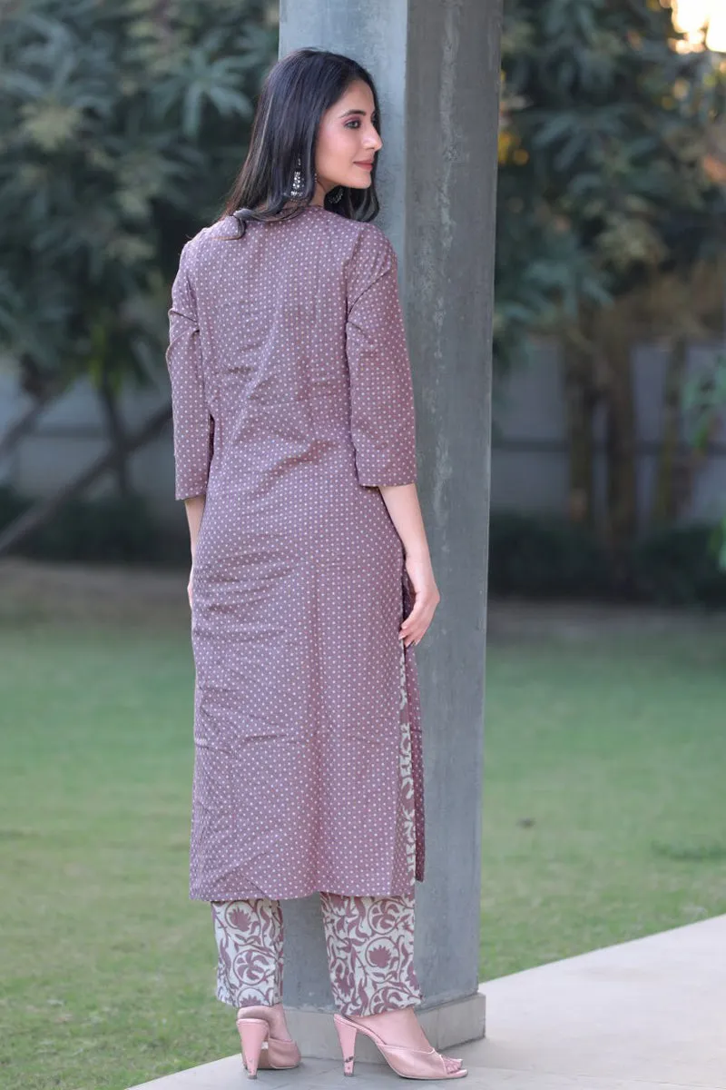 Mauve Cotton Dot Printed Kurta Set