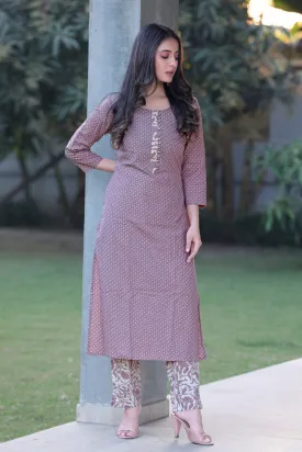 Mauve Cotton Dot Printed Kurta Set