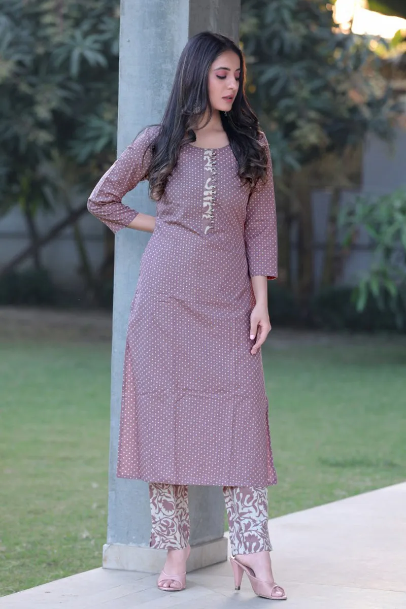 Mauve Cotton Dot Printed Kurta Set