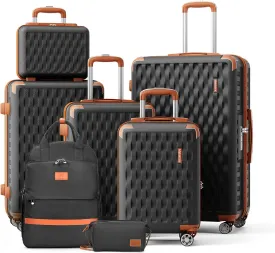 Melalenia Suitcase Sets 7 Piece Hard Shell Carry on Luggage with Spinner Wheels and TSA Lock, Lightweight Travel Backpack for Women, Men, Black Brown