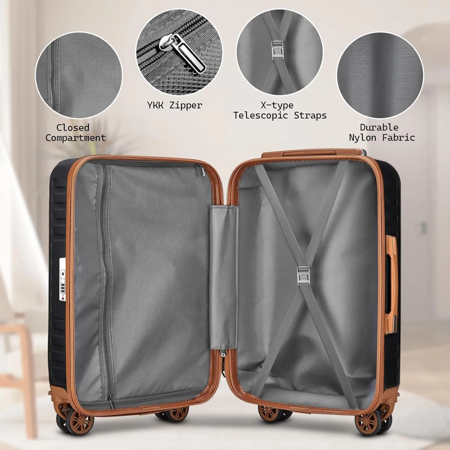 Melalenia Suitcase Sets 7 Piece Hard Shell Carry on Luggage with Spinner Wheels and TSA Lock, Lightweight Travel Backpack for Women, Men, Black Brown