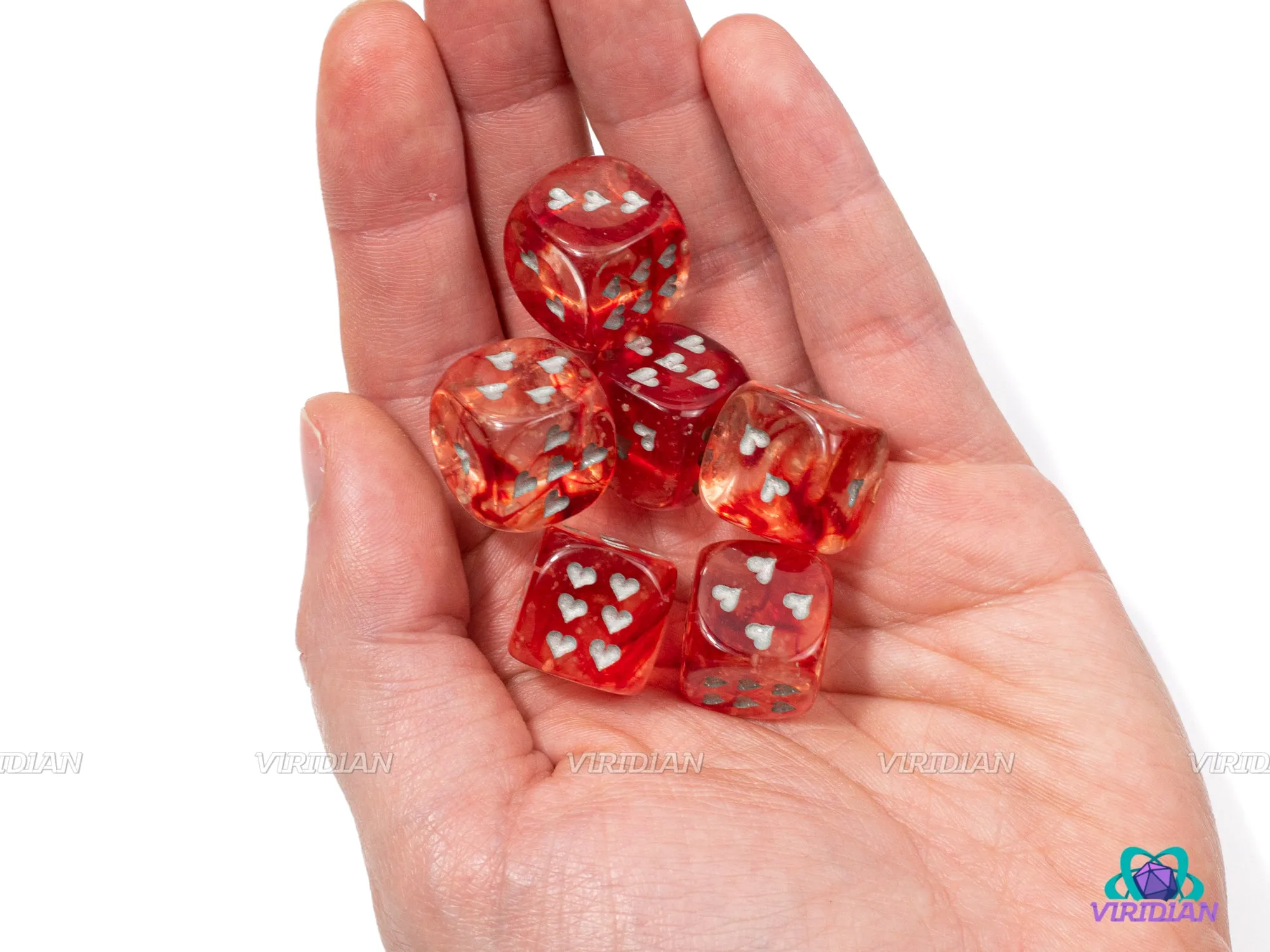 Nebula Red & Silver | Set of (6) 16mm Heart Pipped D6s  | Chessex