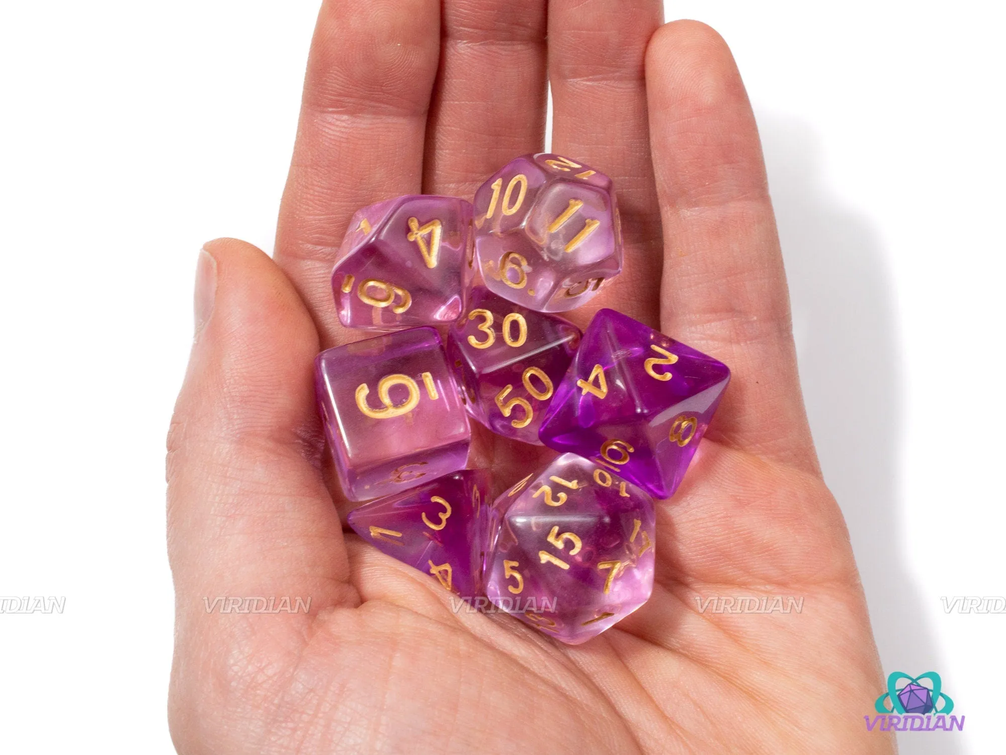 Ooze Jam | Magenta-Pink and Light Purple Nebula/Filled Milky Clear/Transparent | Acrylic Dice Set (7)
