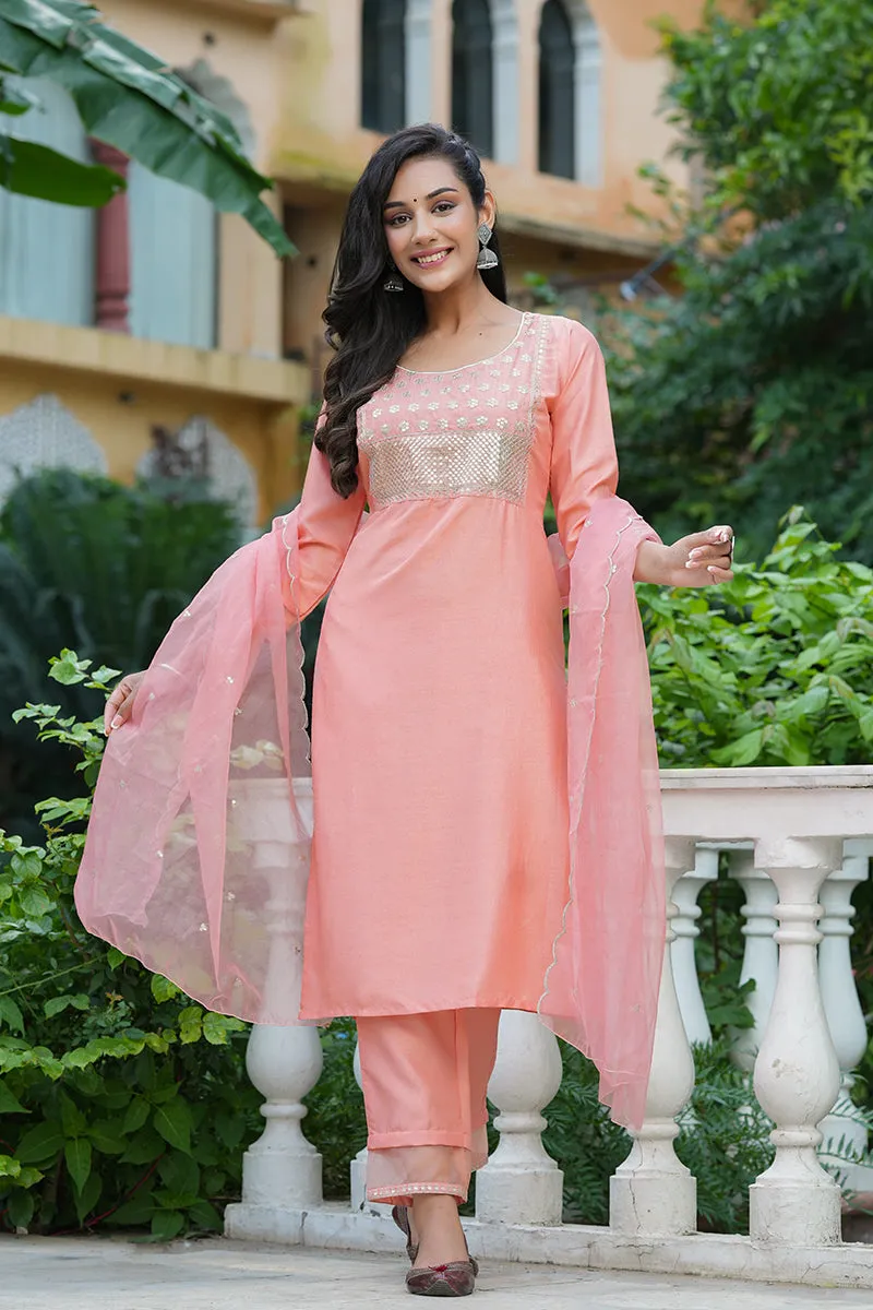 Peach Poly Silk Solid Sequin Straight Suit Set