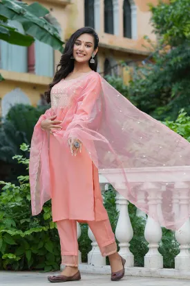 Peach Poly Silk Solid Sequin Straight Suit Set