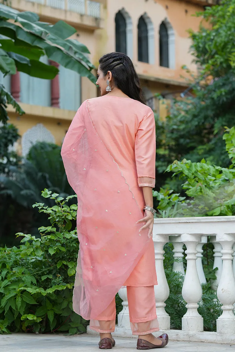 Peach Poly Silk Solid Sequin Straight Suit Set