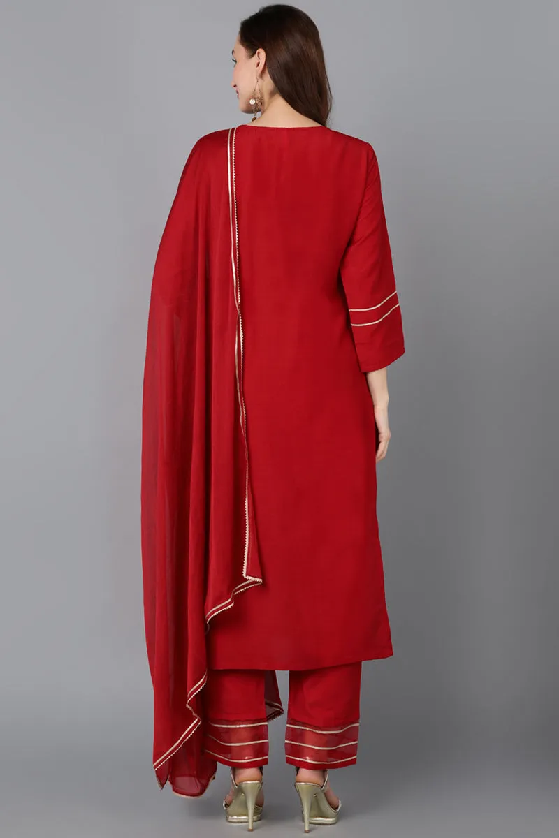 Red Silk Blend Embroidered Kurta Pant With Dupatta
