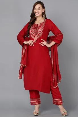Red Silk Blend Embroidered Kurta Pant With Dupatta
