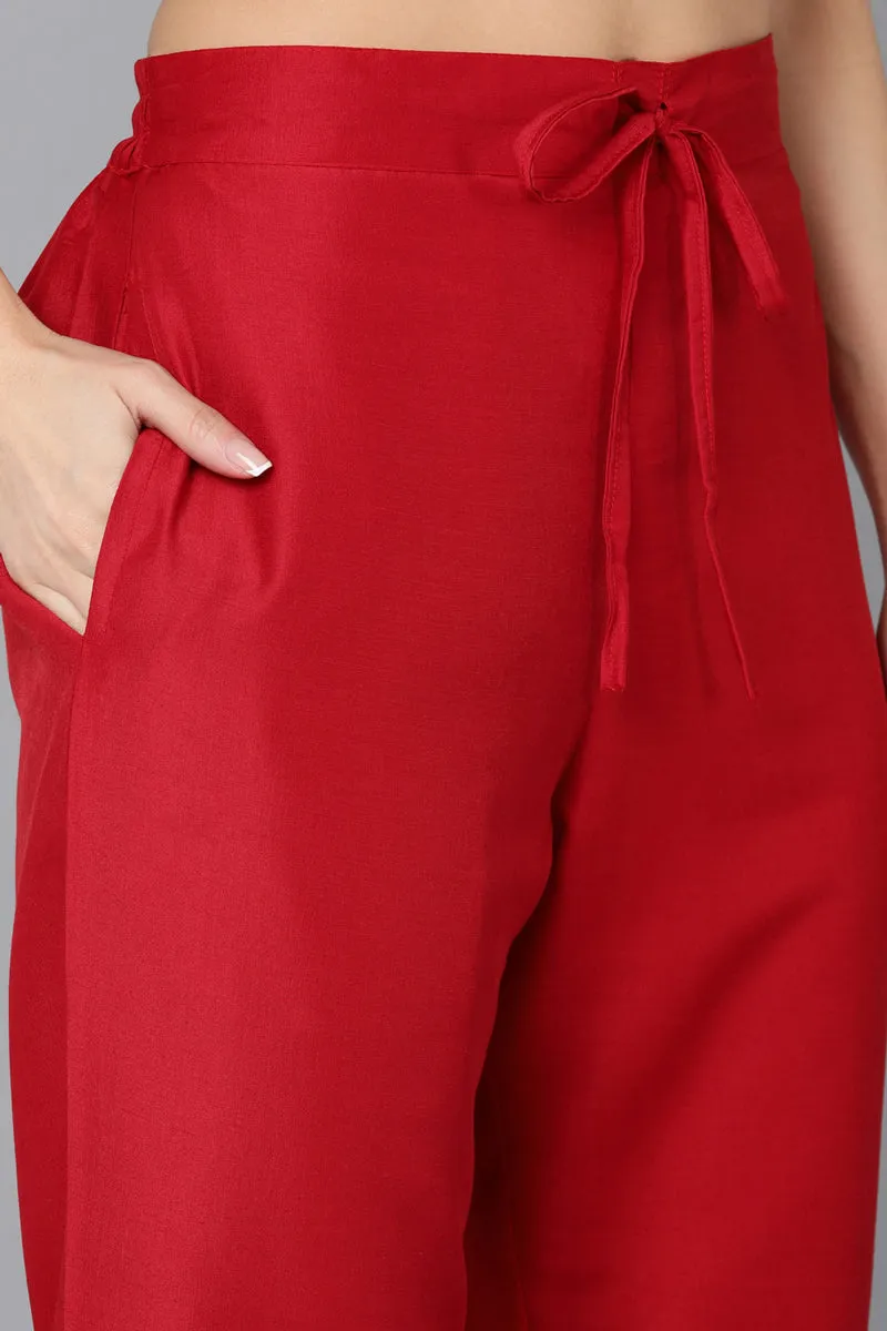 Red Silk Blend Embroidered Kurta Pant With Dupatta