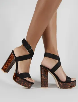 Robyn Tortoiseshell Platform Block Heels in Black Faux Suede