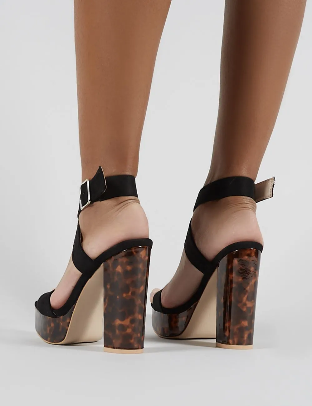 Robyn Tortoiseshell Platform Block Heels in Black Faux Suede