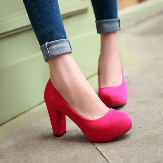 Shallow Thick High Heels Round Toe High Heels