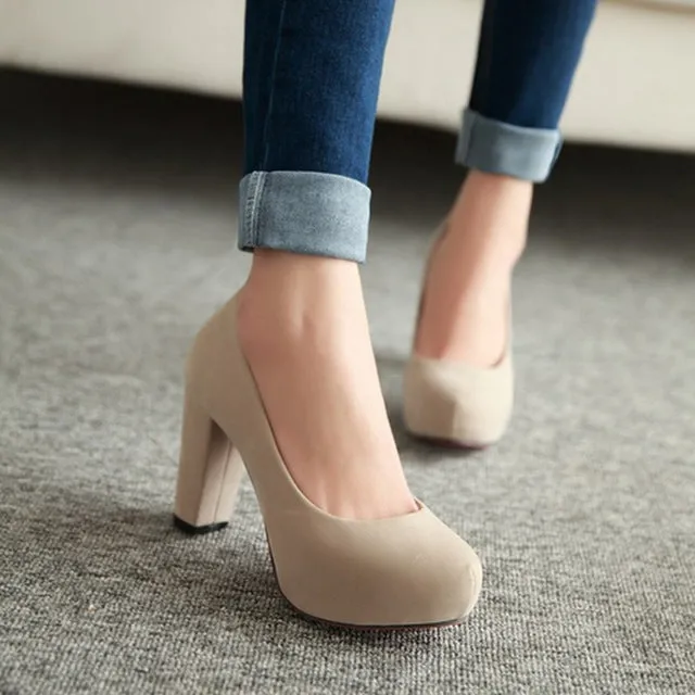 Shallow Thick High Heels Round Toe High Heels