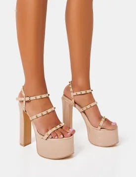 Stefania Nude Patent Studded Cage Platform Round Toe Block Heels