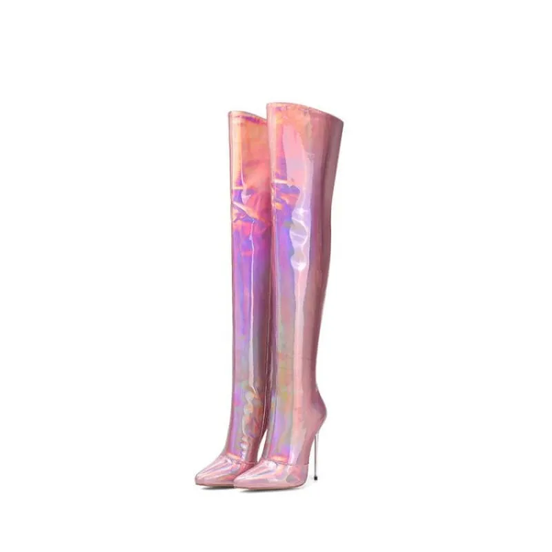 Stunning Unisex Shiny Pearlescent Pointed Toe Ladies Thigh Boots