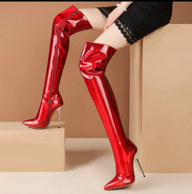 Stunning Unisex Shiny Pearlescent Pointed Toe Ladies Thigh Boots