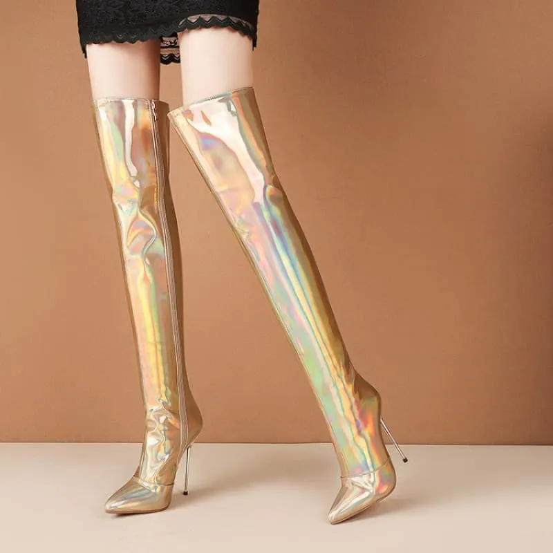 Stunning Unisex Shiny Pearlescent Pointed Toe Ladies Thigh Boots