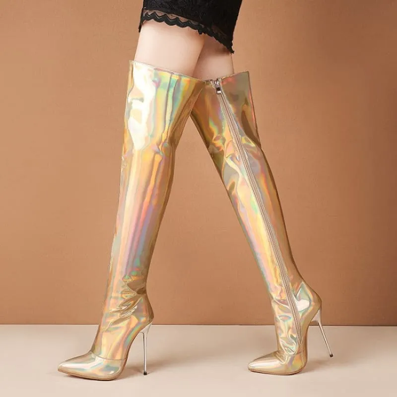 Stunning Unisex Shiny Pearlescent Pointed Toe Ladies Thigh Boots