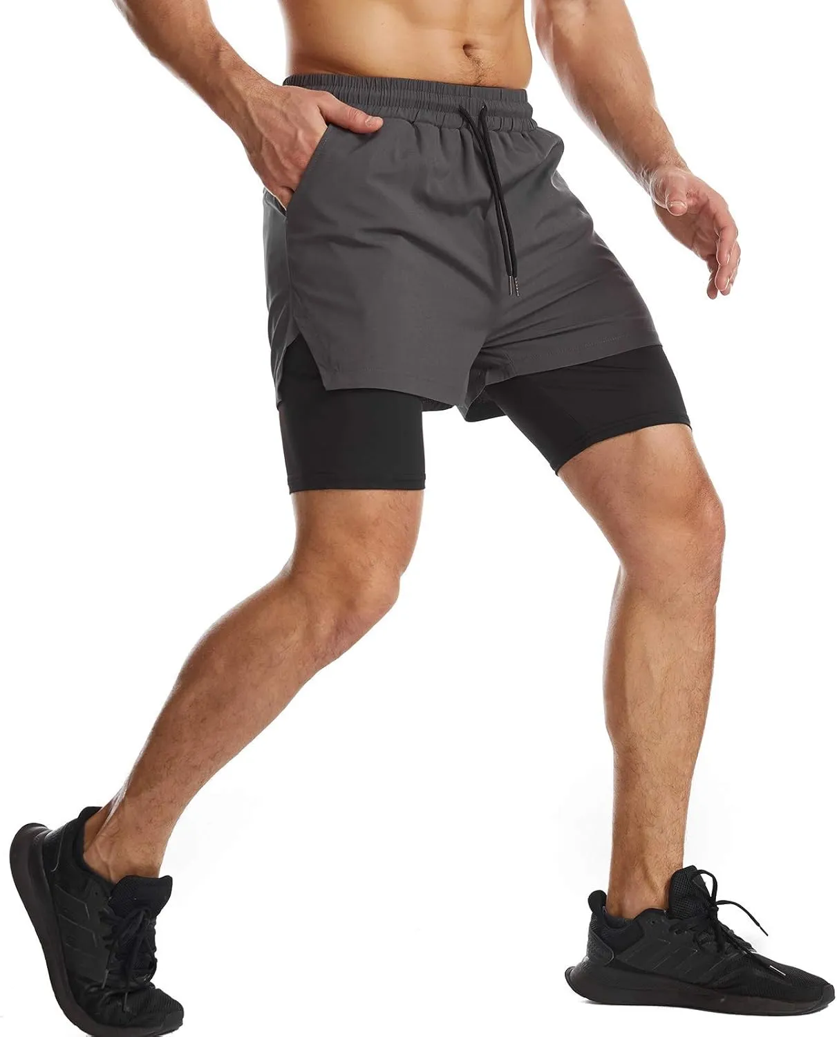 Surenow Mens 2 in 1 Running Shorts Quick Dry Athletic Shorts with Liner, Workout Shorts with Zip Pockets and Towel Loop