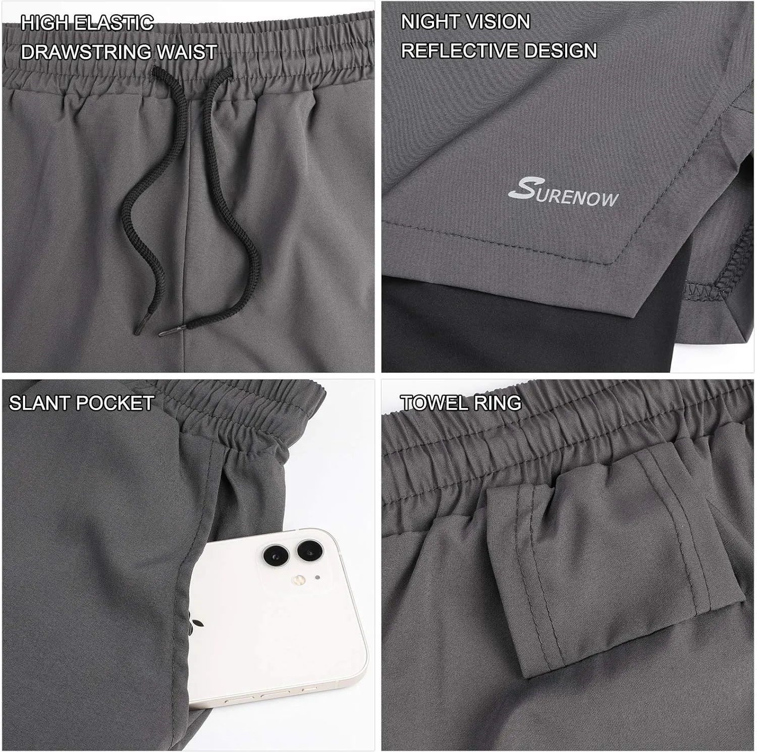 Surenow Mens 2 in 1 Running Shorts Quick Dry Athletic Shorts with Liner, Workout Shorts with Zip Pockets and Towel Loop