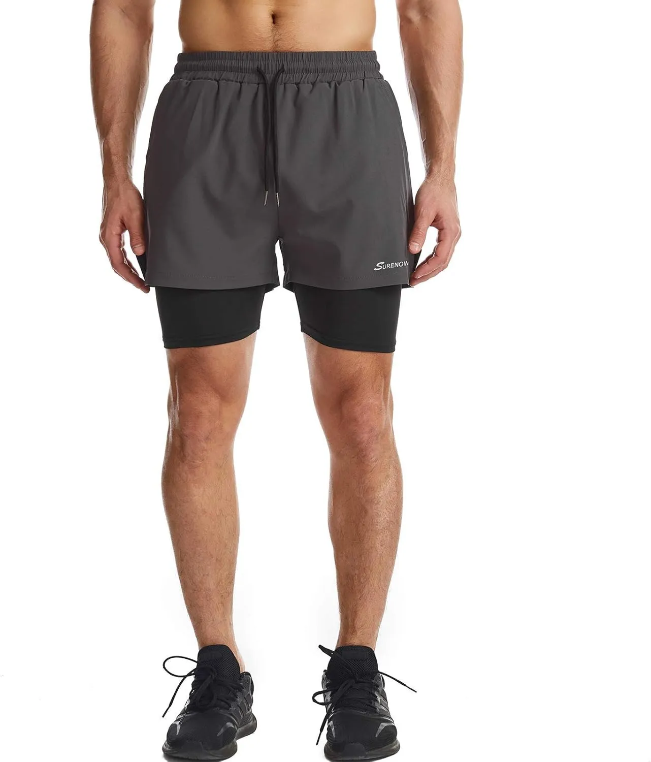 Surenow Mens 2 in 1 Running Shorts Quick Dry Athletic Shorts with Liner, Workout Shorts with Zip Pockets and Towel Loop