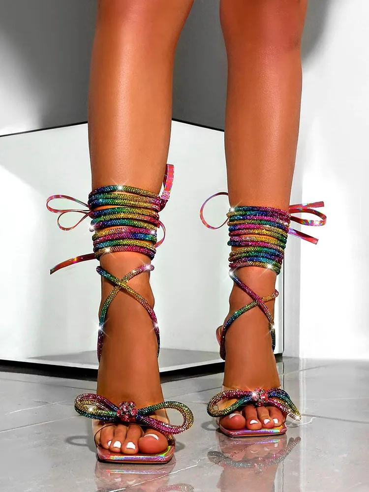 Toleet Bow Rhinestone Sequin Lace Up Sandals