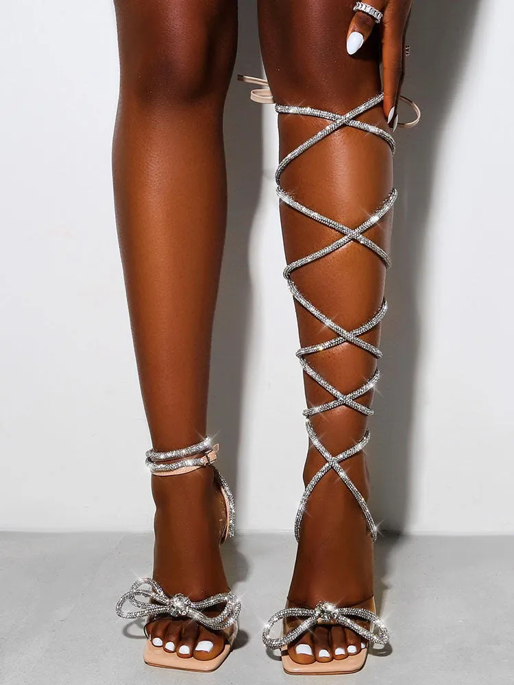 Toleet Bow Rhinestone Sequin Lace Up Sandals