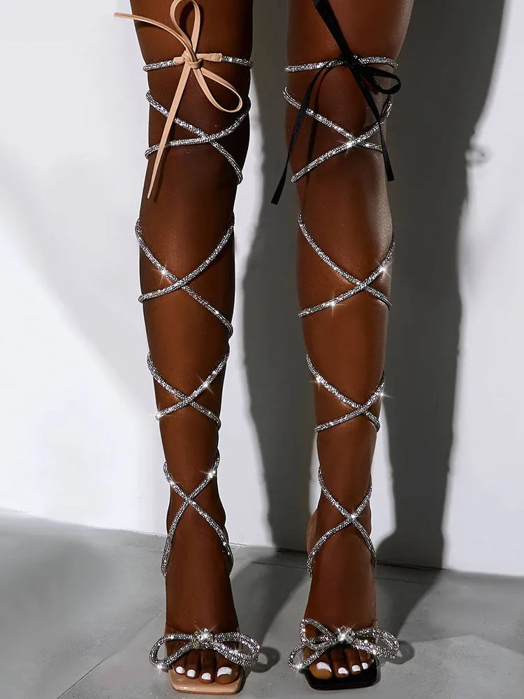 Toleet Bow Rhinestone Sequin Lace Up Sandals