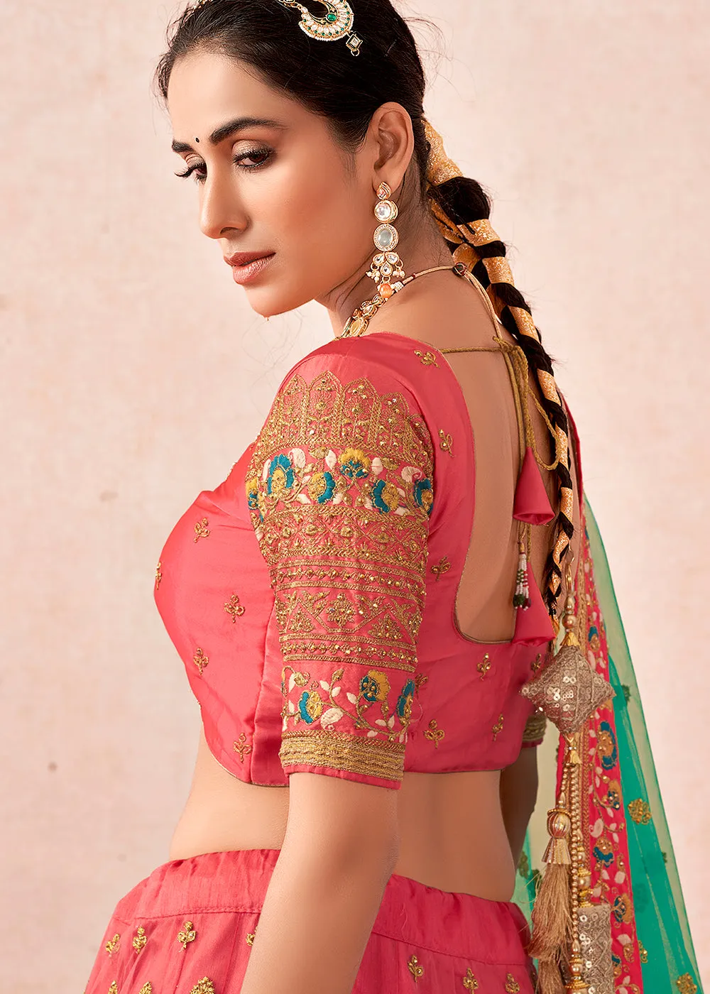 Traditional Peach Coral Kalidar Embroidered Net Lehenga Choli