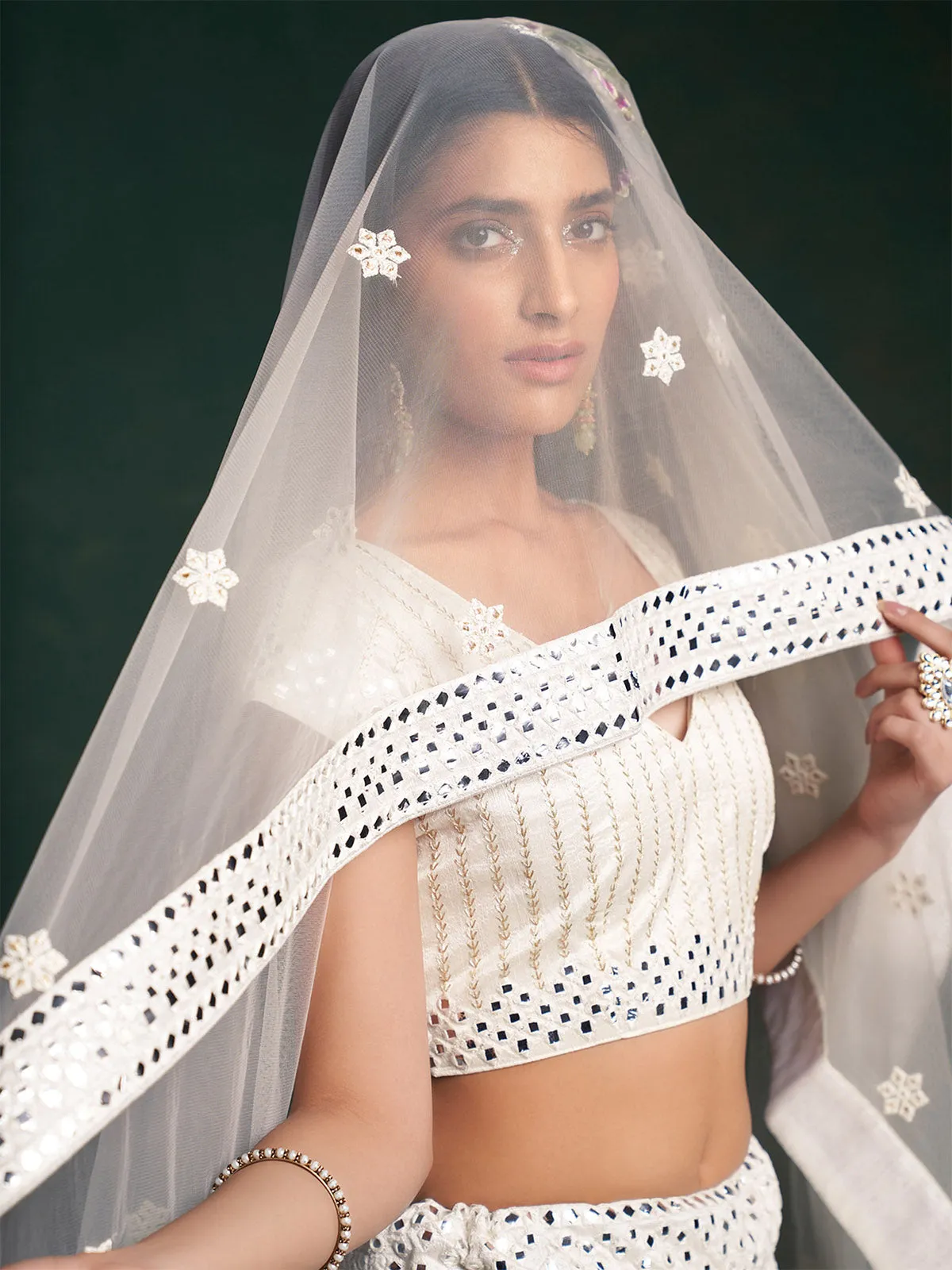 White Embroidered Festive Semi Stitched Lehenga With  Unstitched Blouse