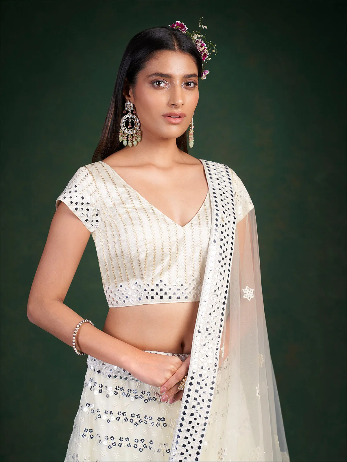 White Embroidered Festive Semi Stitched Lehenga With  Unstitched Blouse