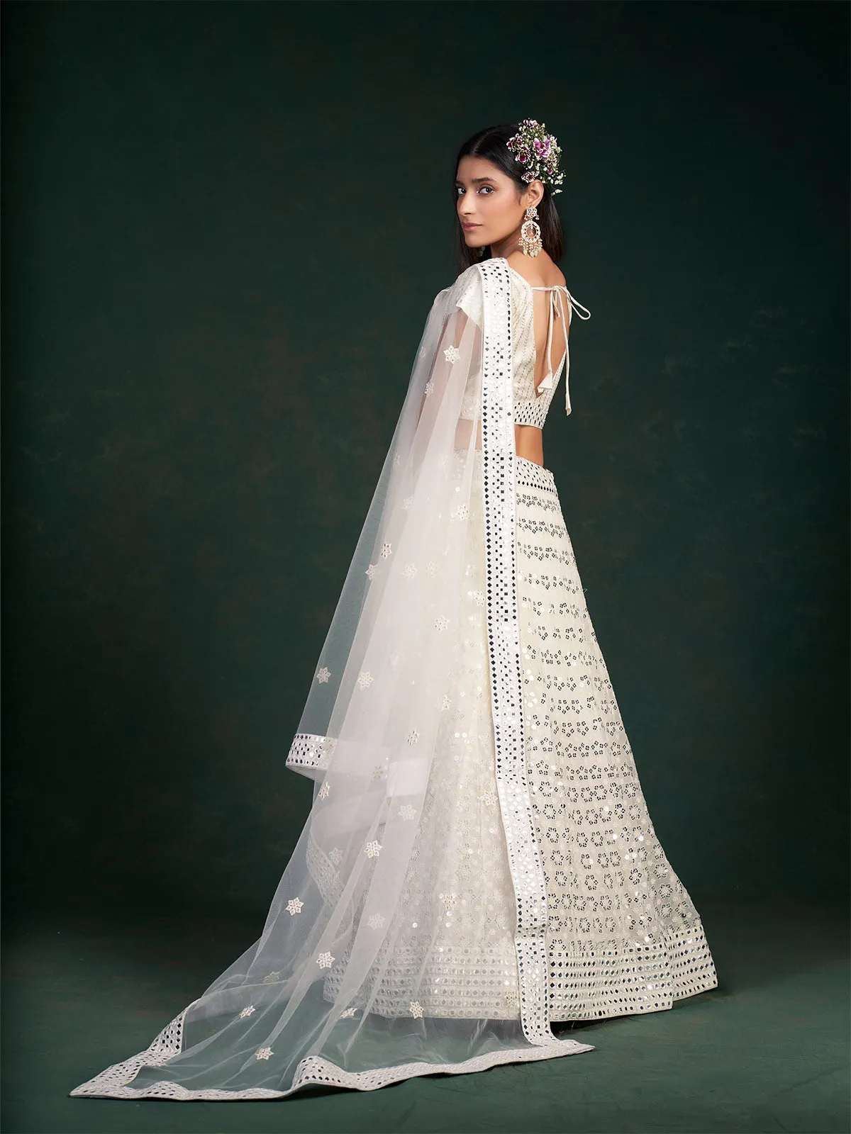 White Embroidered Festive Semi Stitched Lehenga With  Unstitched Blouse
