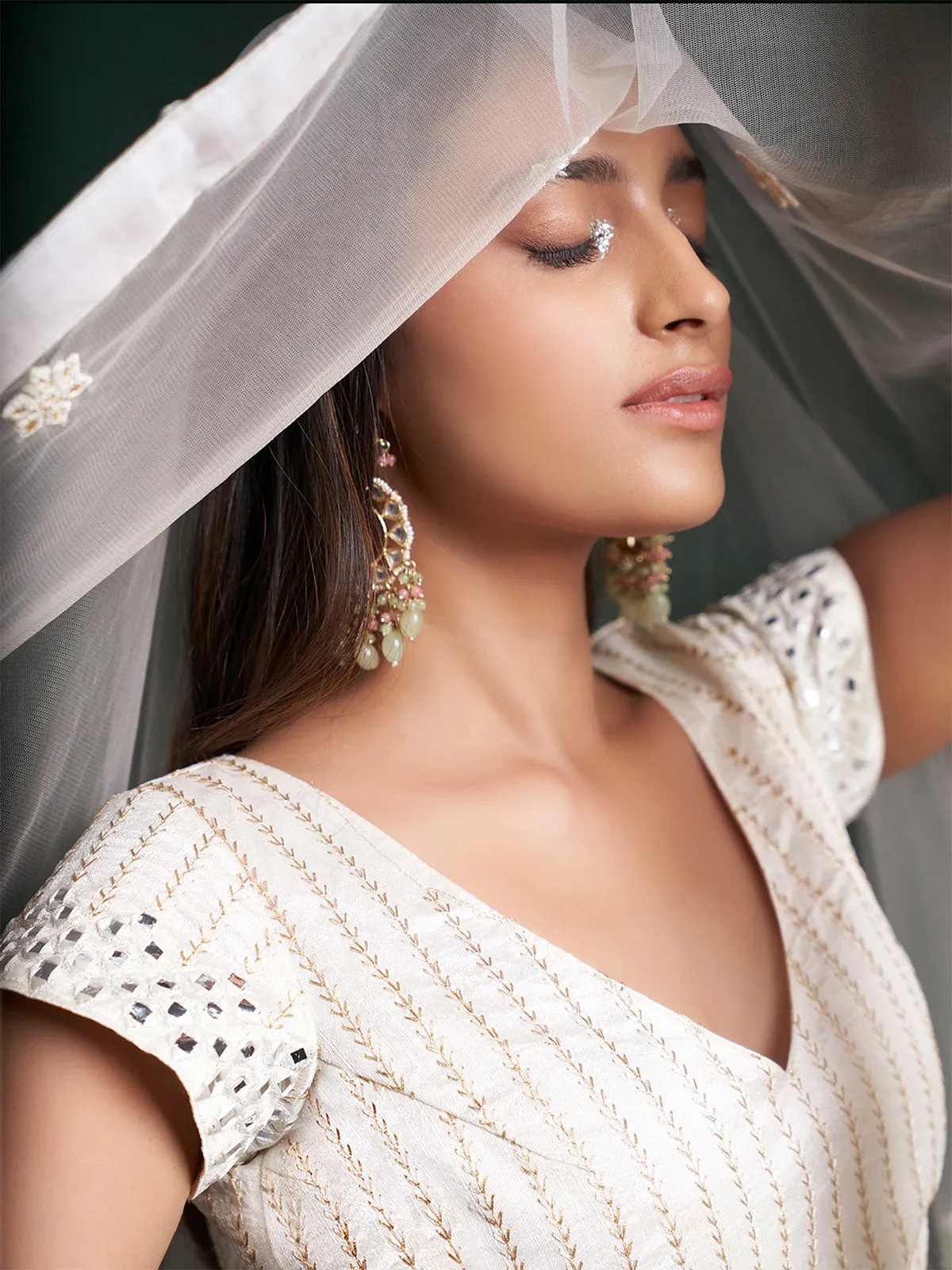 White Embroidered Festive Semi Stitched Lehenga With  Unstitched Blouse