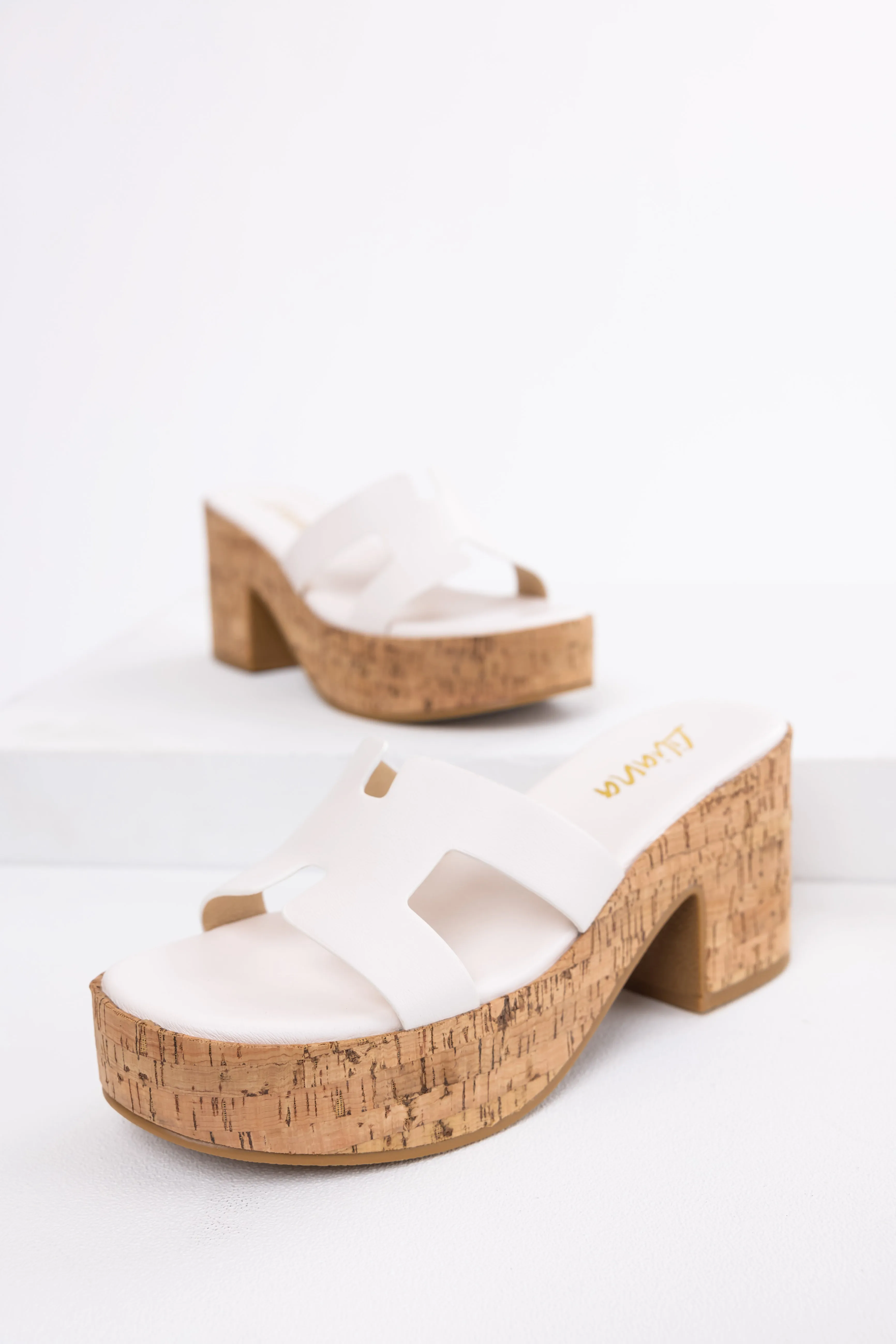 White Geometric Strap Cork Platform Heels