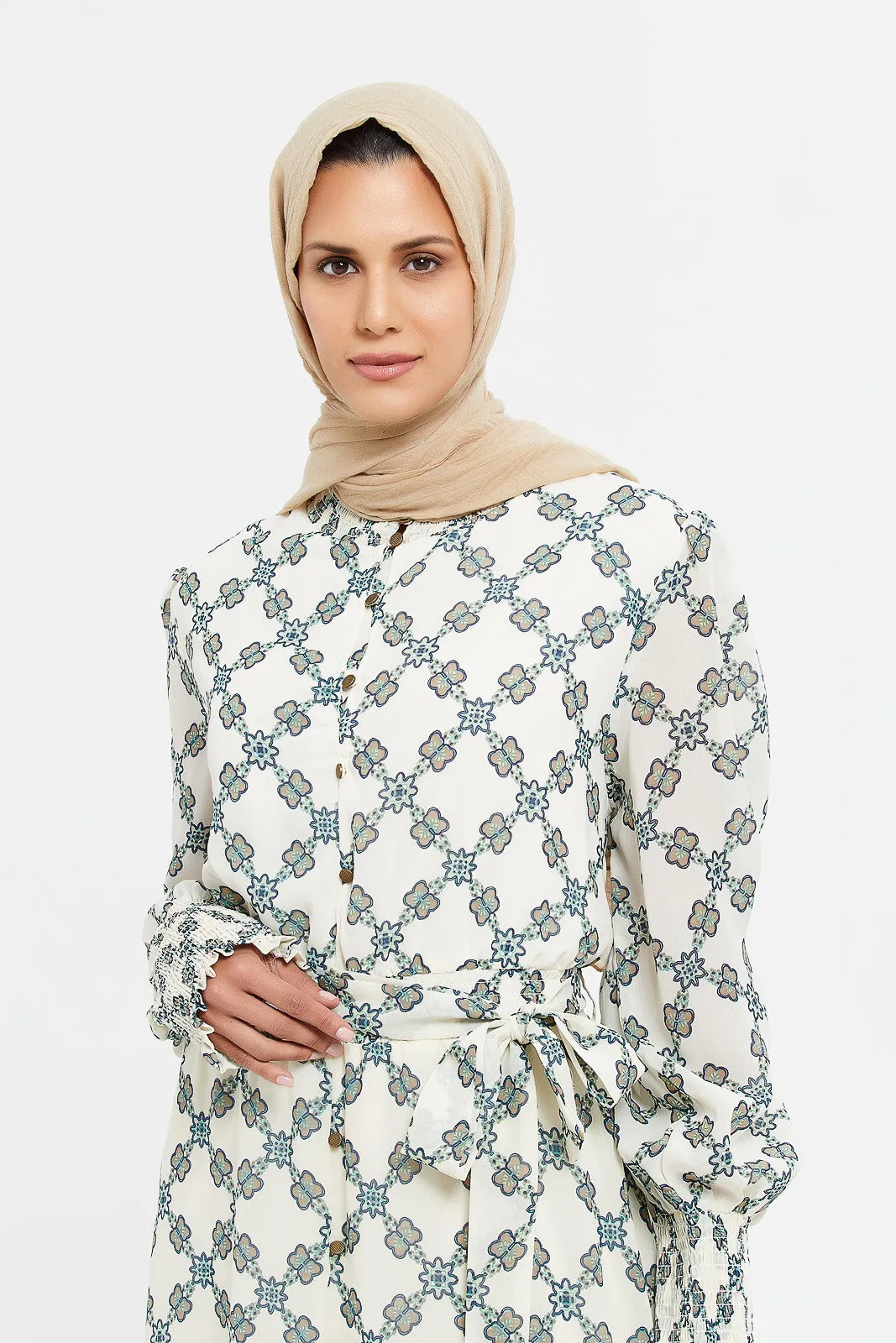 Women Ivory Geometric Print High Neck Belted Maxi Dress