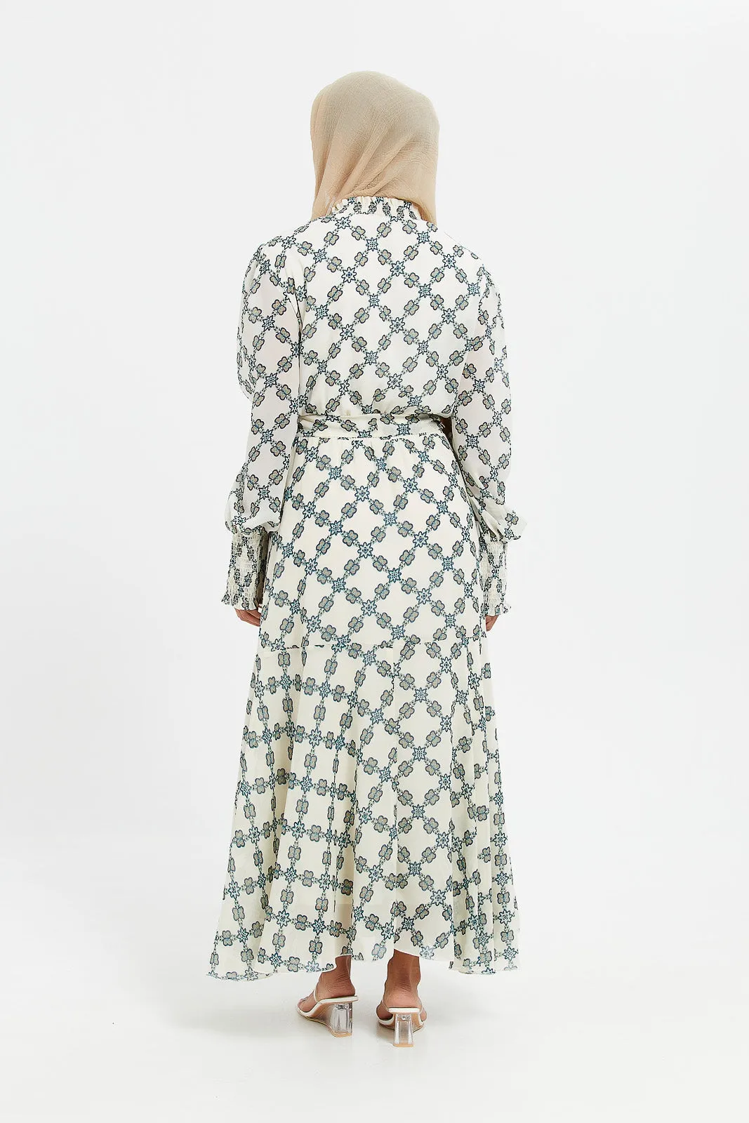 Women Ivory Geometric Print High Neck Belted Maxi Dress