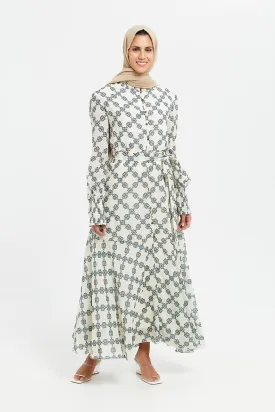 Women Ivory Geometric Print High Neck Belted Maxi Dress
