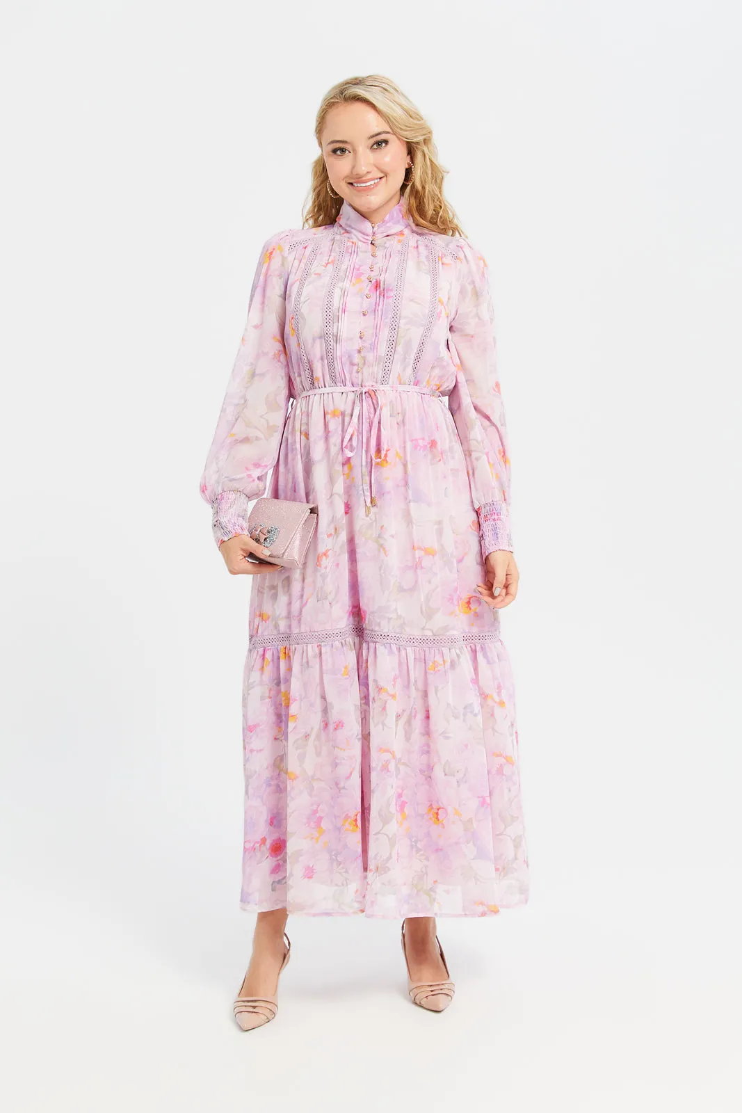 Women Pink Tiered Lace Detailed Dress
