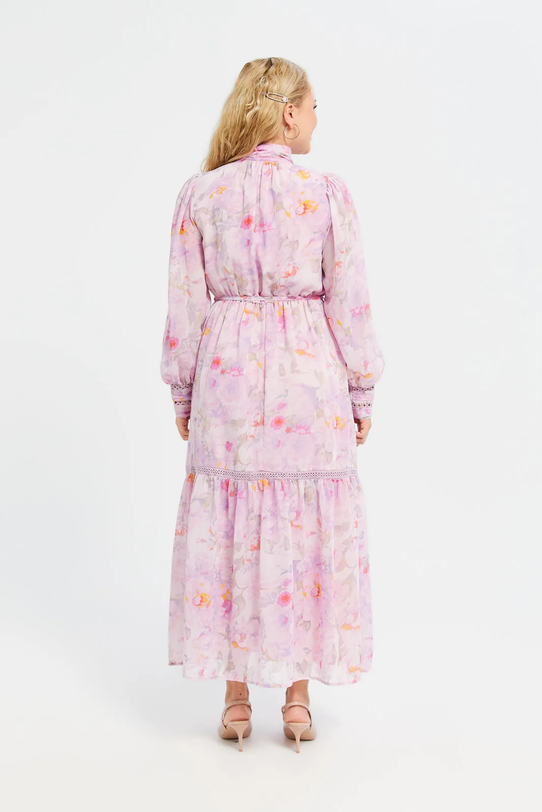 Women Pink Tiered Lace Detailed Dress