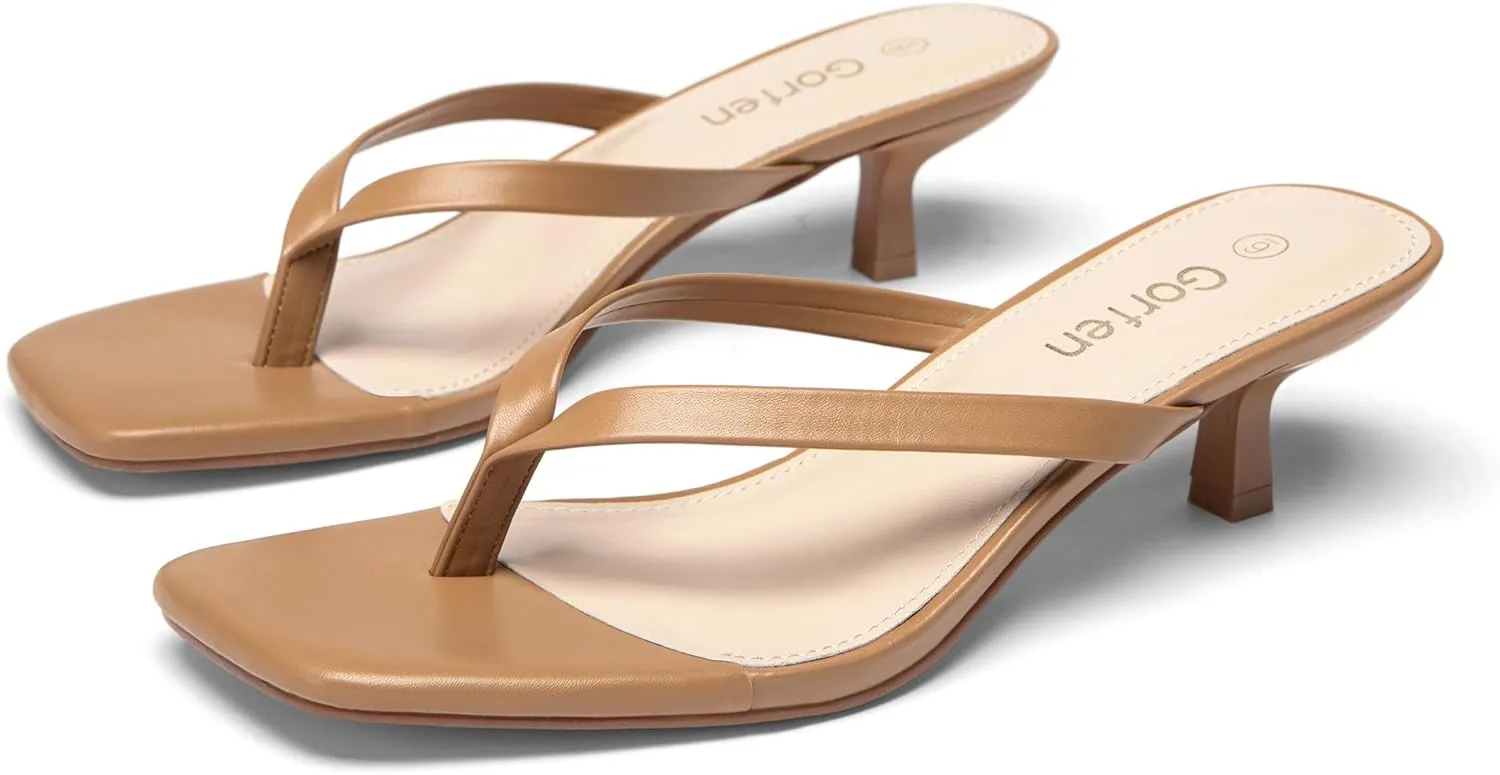 Women's Kitten Heel Sandals Square Toe Slip-On Flip Flop Heels Thong Sandals for Summer 2 Inch Heeled Sandals