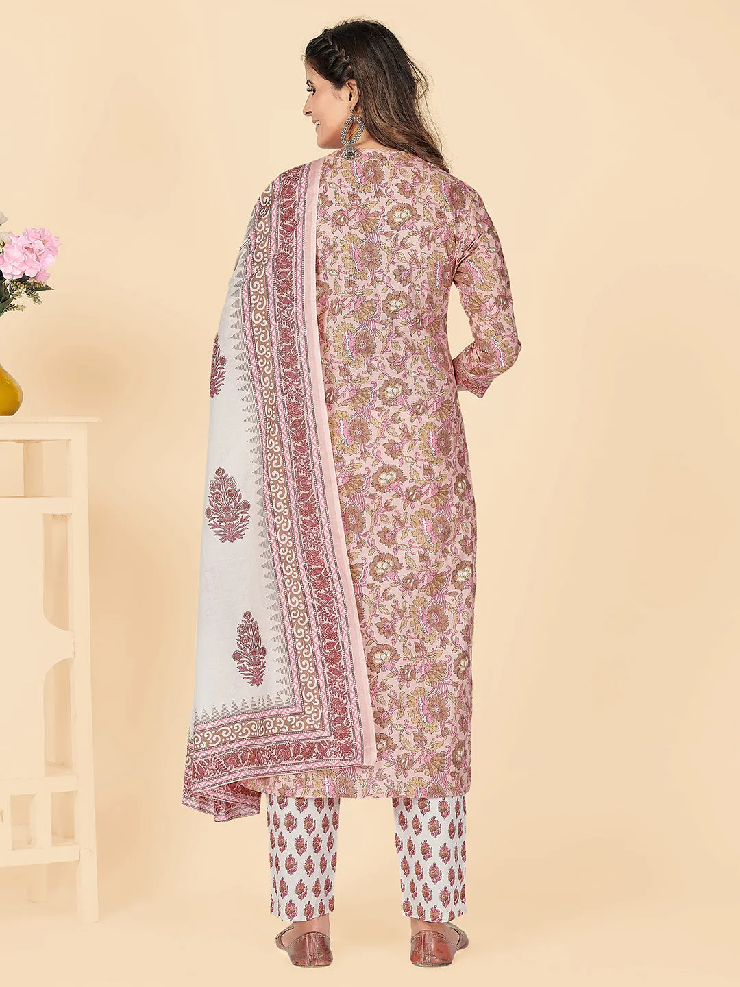 Women'S Printed & Embroidered Straight Cotton Peach Stitched Kurta Pant With Dupatta